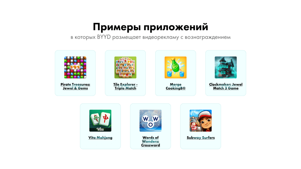 Приложения, в которых BYYD размещает видеорекламу с вознаграждением